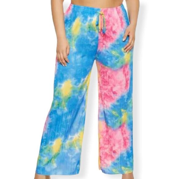 ROUGE Tie Dye Multicolor Plus Size Wide Leg Women's Pants - Picture 1 of 7